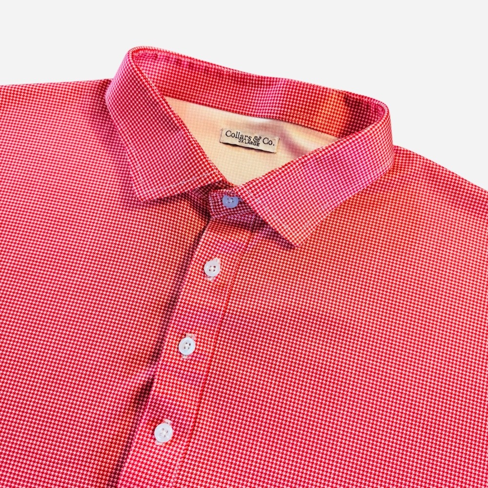 Collars & Co Mens 3XL Dress Collar Polo Shirt Red White Houndstooth Short Sleeve